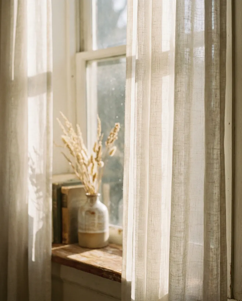Helle Gardinen am Fenster